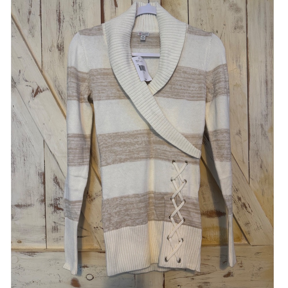 Guess Yericia Sweater Milk Multi‎ Striped Criss Cross Collared Size Small NWT